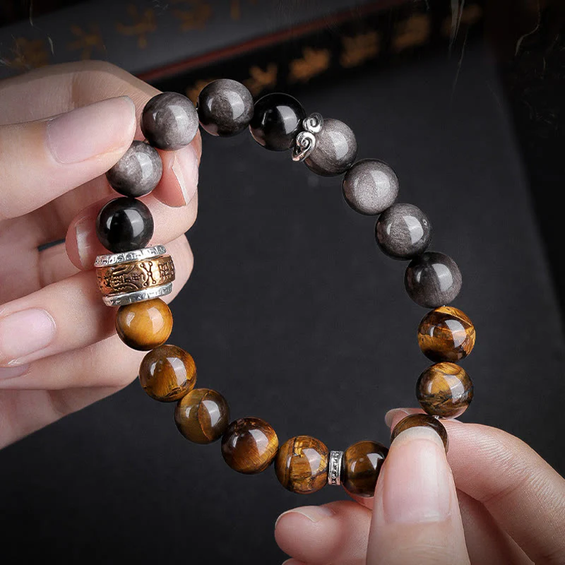 Buddha Stones Natural Silver Sheen Obsidian Tiger's Eye Six True Words 'Om Mani Padme Hum' Strength Bracelet