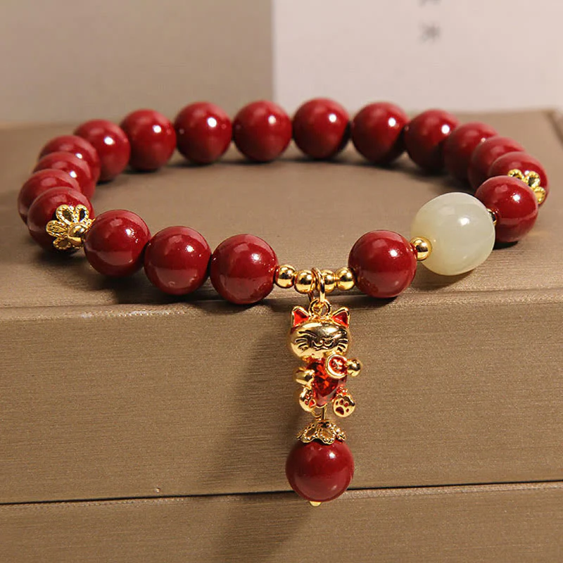 Buddha Stones Natural Lucky Cat Pendant Cinnabar Blessing Bracelet