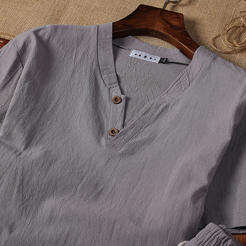 Buddha Stones Summer Casual 2Pcs Plain Notched Collar T-Shirt Drawstring Shorts With Pockets Cotton Linen Men's Meditation Cloth Set