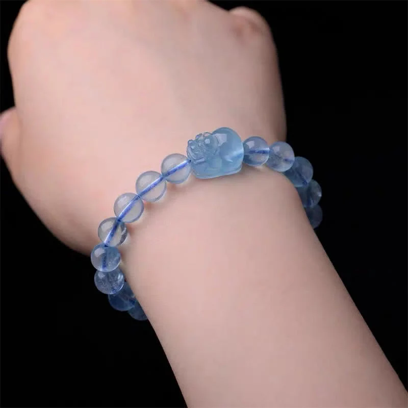 Buddha Stones Natural Aquamarine Pixiu Serenity Healing Bracelet