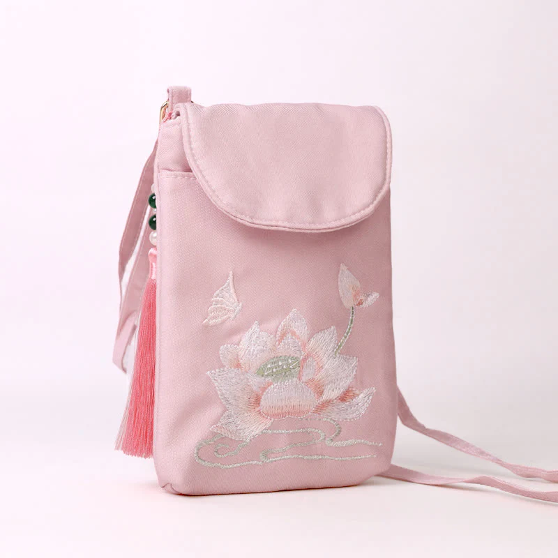 Buddha Stones Small Embroidered Flowers Crossbody Bag Shoulder Bag Double Layer Cellphone Bag