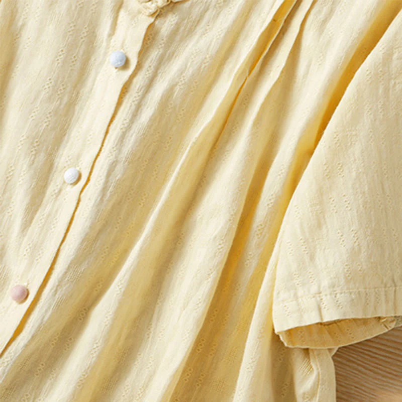 Buddha Stones Jacquard Pleated Ruffled Trim Design V-Neck Short Sleeve Women's Shirt