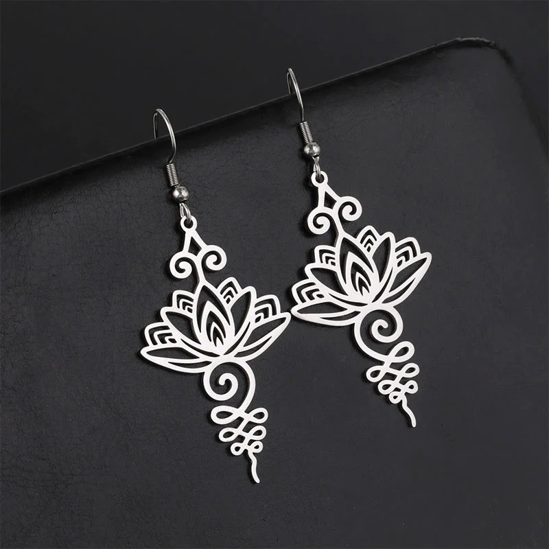Buddha Stones Hollow Lotus Flower Stainless Steel Enlightenment Metal Drop Earrings