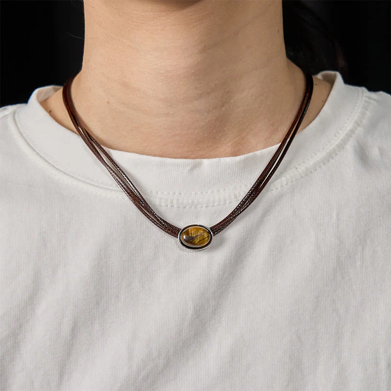 Buddha Stones Natural Tiger Eye Ellipse Protection Wax Rope Necklace Pendant
