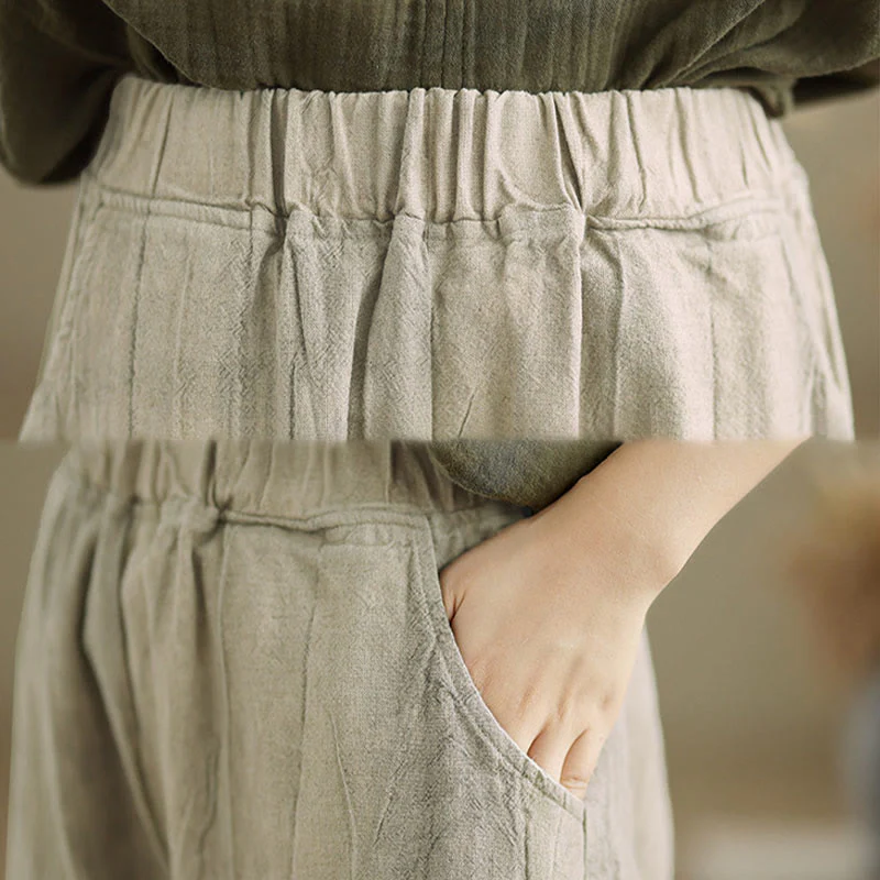 Buddha Stones Casual Plain Women's Cotton Linen Harem Pants With Pockets