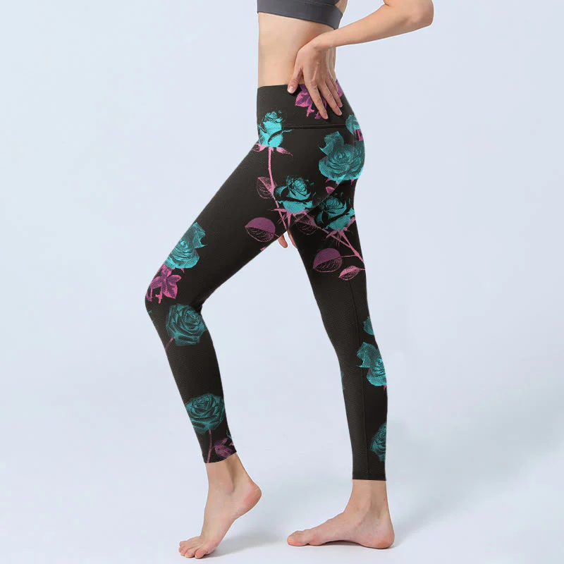 Buddha Stones Black Rose Leaves Pattern Print Gym Leggings Women's Yoga Pants