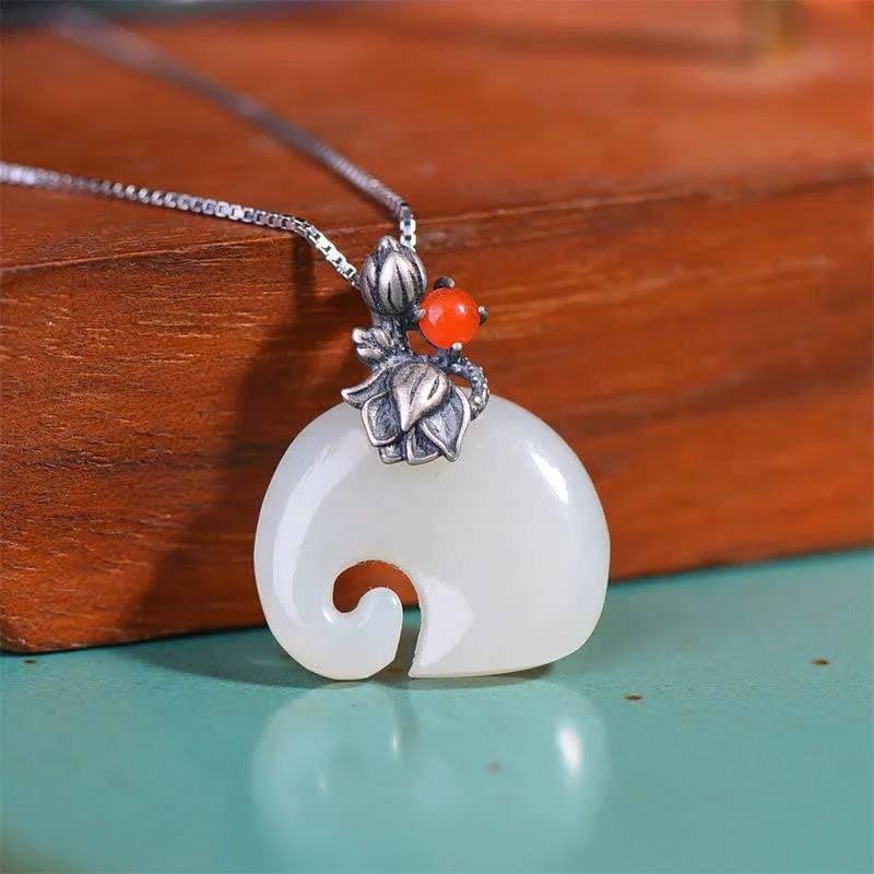 Buddha Stones White Jade Elephant Lotus Protection Necklace Pendant