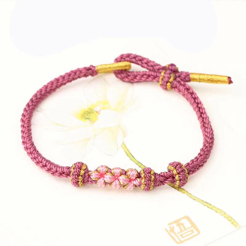 Buddha Stones Handmade Three Peach Blossoms Luck Eight Strands Braided String Bracelet
