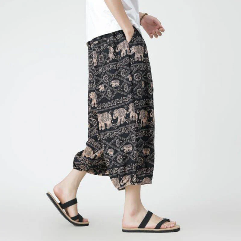 Buddha Stones Summer Square Patchwork Elephant Mandala Geometry Cotton Linen Men's 7-8 Length Pants With Pockets