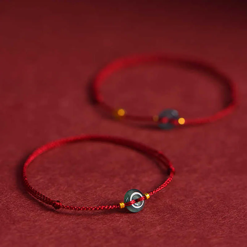 Buddha Stones Peace Buckle Copper Coins Jade Red String Connection Bracelet Anklet