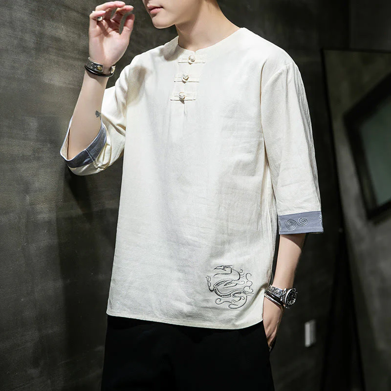 Buddha Stones Summer Embroidery Plain Frog-Button Men's Crew Neck Half Sleeve Cotton Linen Shirt Clothing