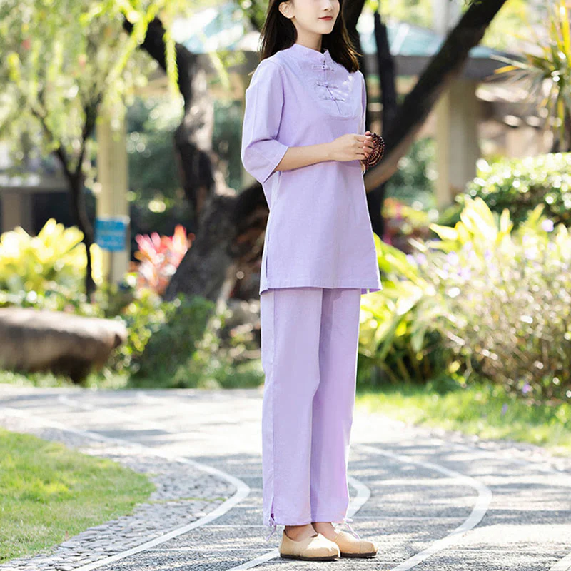 Buddha Stones 2Pcs Half Sleeve Shirt Top Pants Meditation Zen Tai Chi Cotton Linen Clothing Women's Set