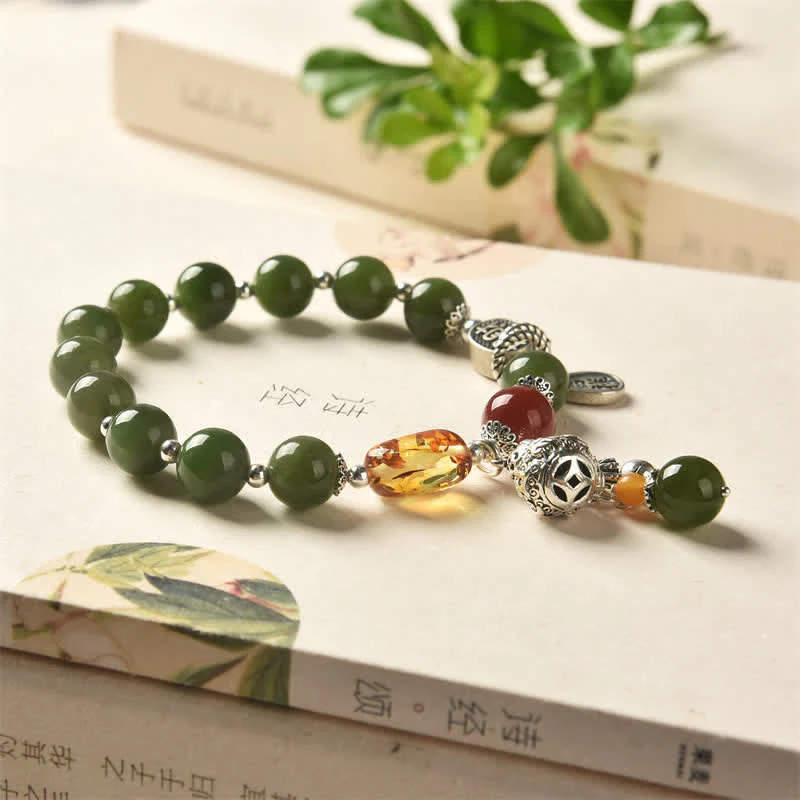 Buddha Stones 925 Sterling Silver Hetian Cyan Jade Gourd Amber Success Bracelet