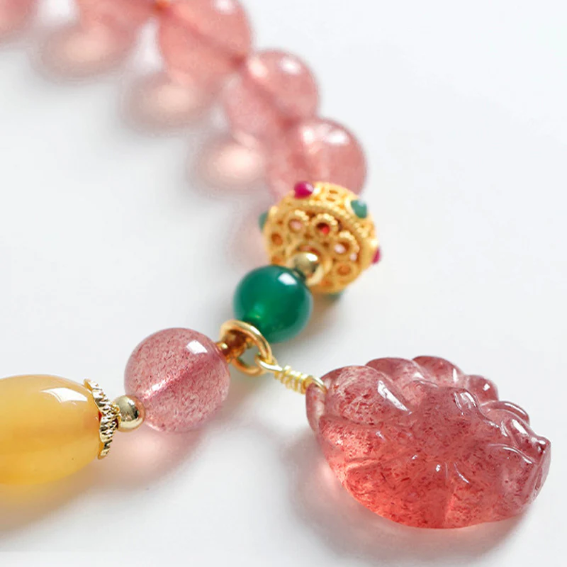 Buddha Stones Natural Strawberry Quartz Nine Tailed Fox Healing Bracelet