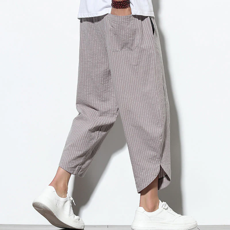 Buddha Stones Summer Stripes Pattern Drawstring Cotton Linen Men's 7-8 Length Harem Pants With Pockets