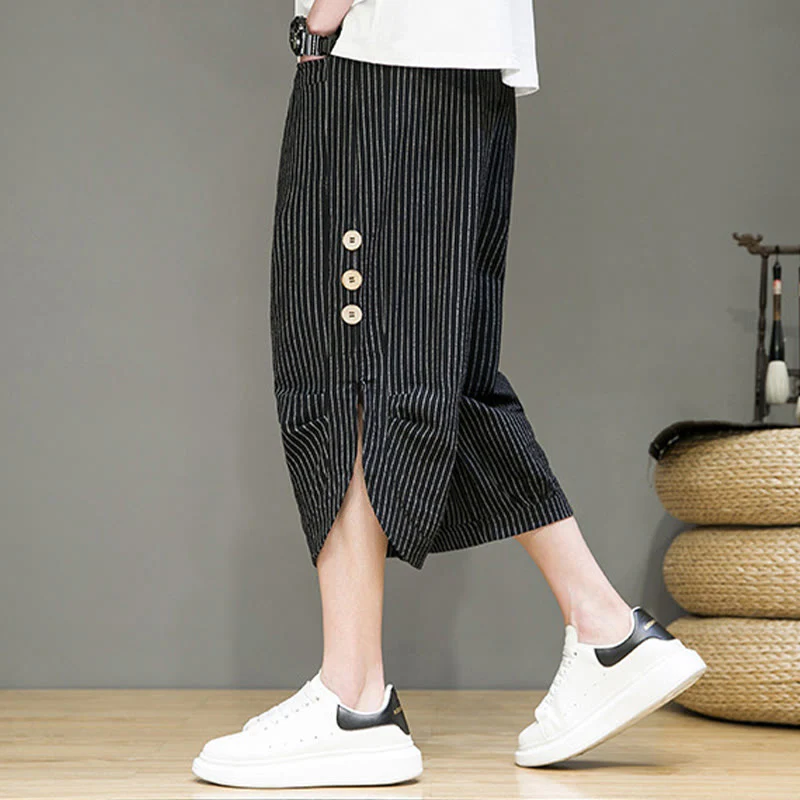Buddha Stones Casual White Stripes Pattern Drawstring Button Design Men's Cotton Cropped Harem Pants With Pockets