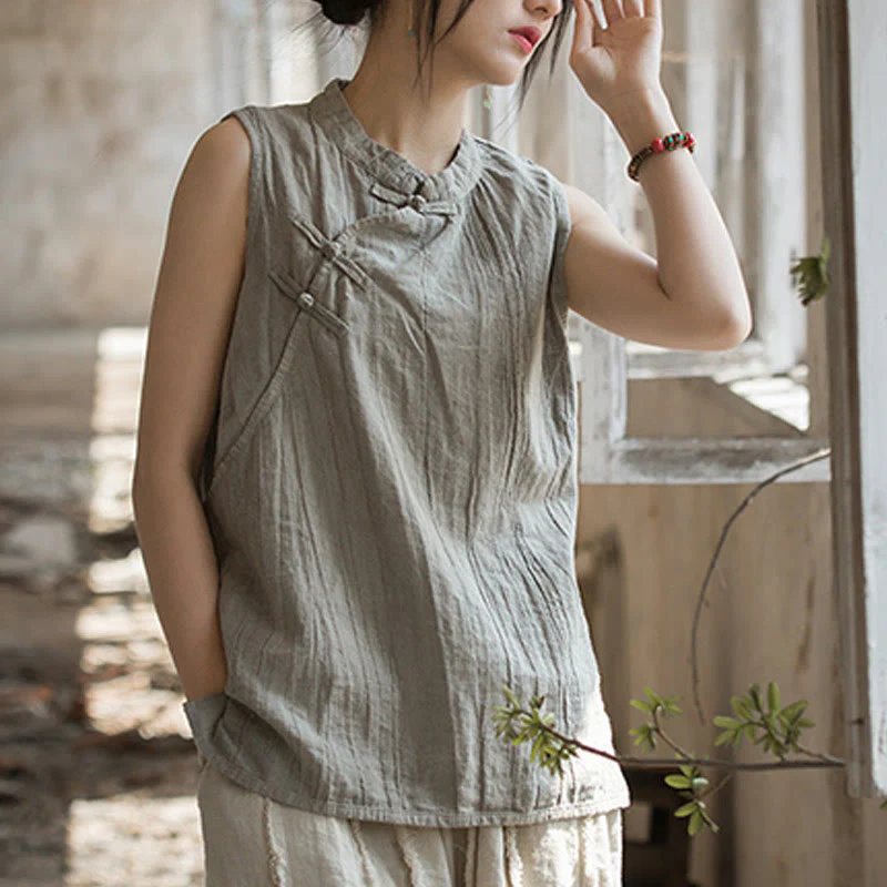 Buddha Stones Summer Tie-dye Frog-Button Ramie Cotton Sleeveless Women's Vest