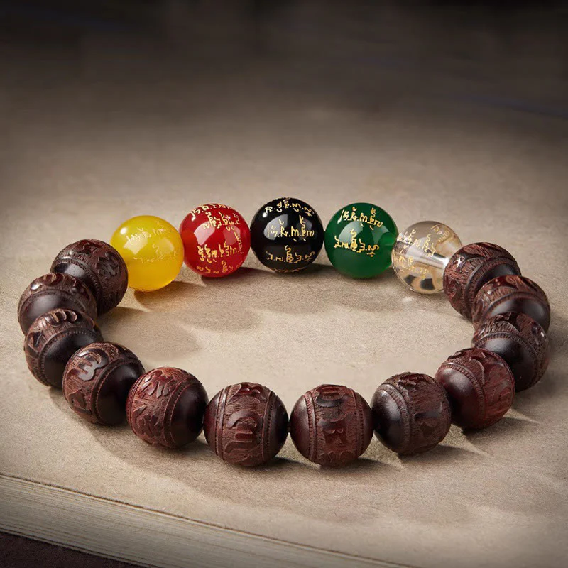 Buddha Stones Small Leaf Red Sandalwood Five Directions Gods of Wealth Calm Bracelet