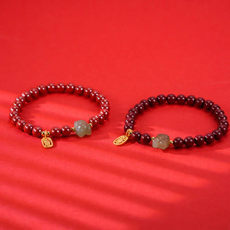 Buddha Stones 925 Sterling Silver Year of the Dragon Natural Cinnabar Hetian Jade Dragon Fu Character Ruyi As One Wishes Charm Blessing Bracelet