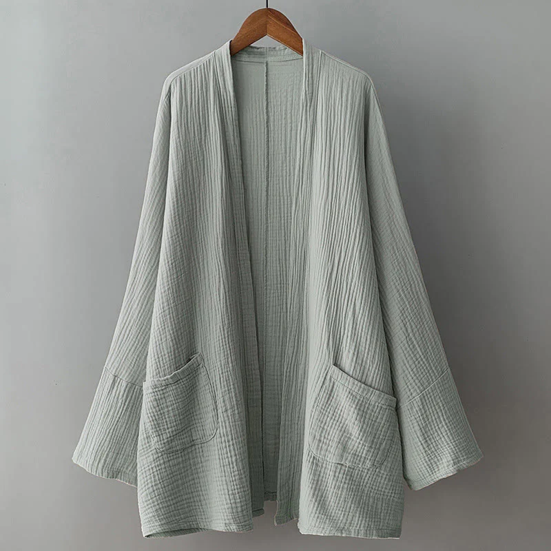 Buddha Stones Plain Long Sleeve Zen Meditation Cotton Linen Jacket With Pockets