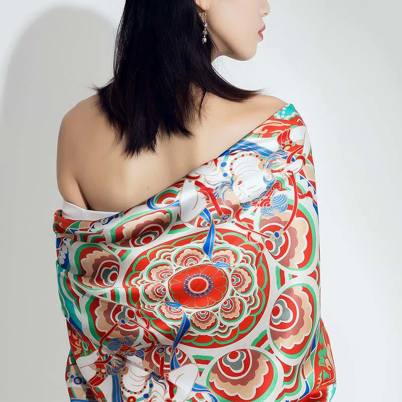 Buddha Stones Dunhuang Musician Playing Frescoes 100% Mulberry Silk Scarf Premium Grade 6A Dunhuang Silk Shawl