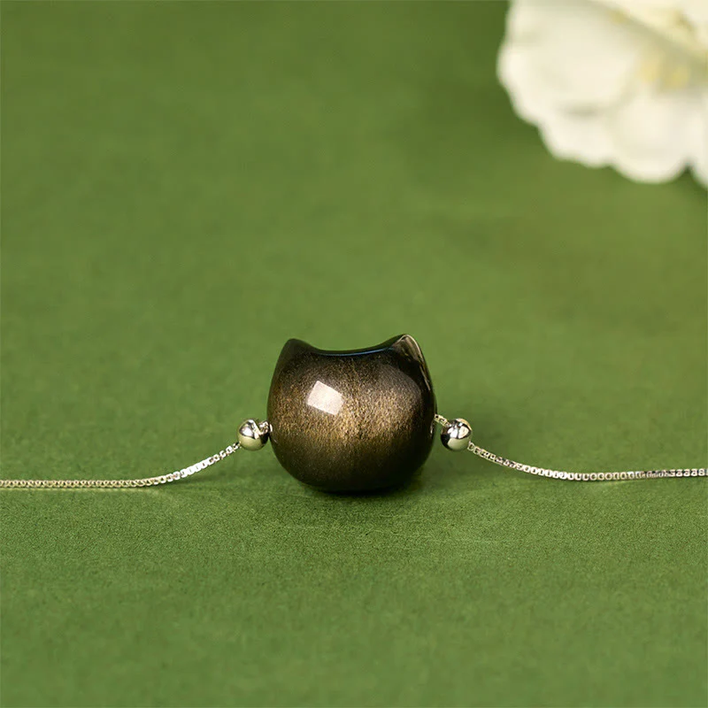 Buddha Stones 925 Sterling Silver Silver Sheen Obsidian Gold Sheen Obsidian Cat Soothing Bracelet