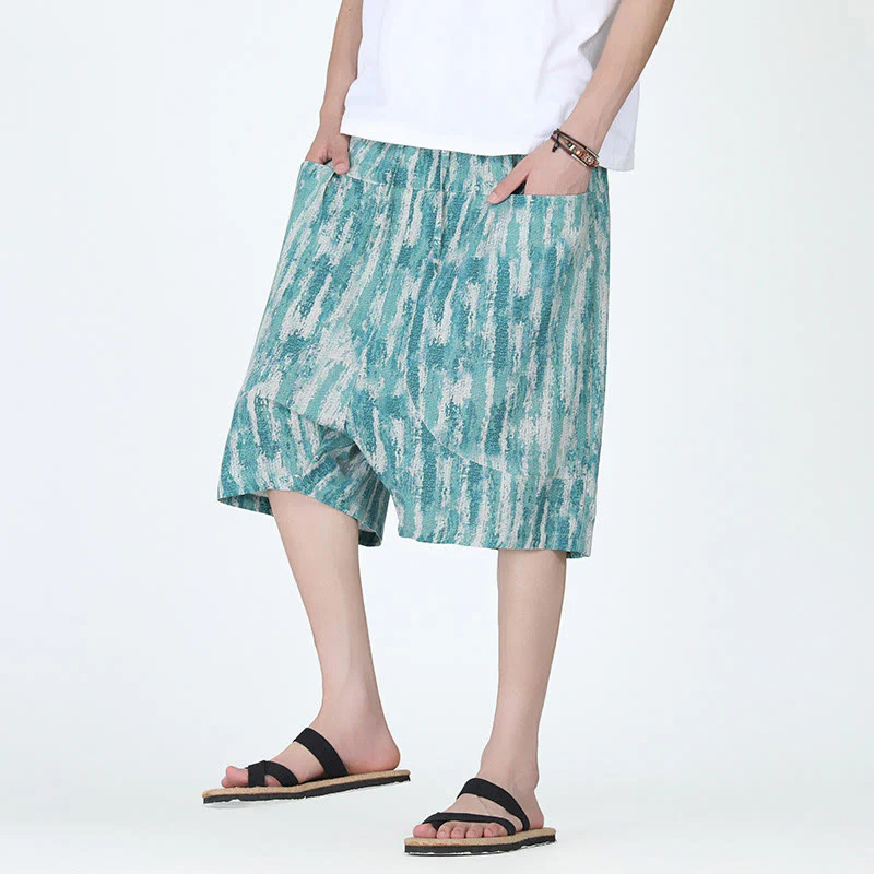 Buddha Stones Summer Stripes Cotton Linen Men's Capri Pants With Pockets