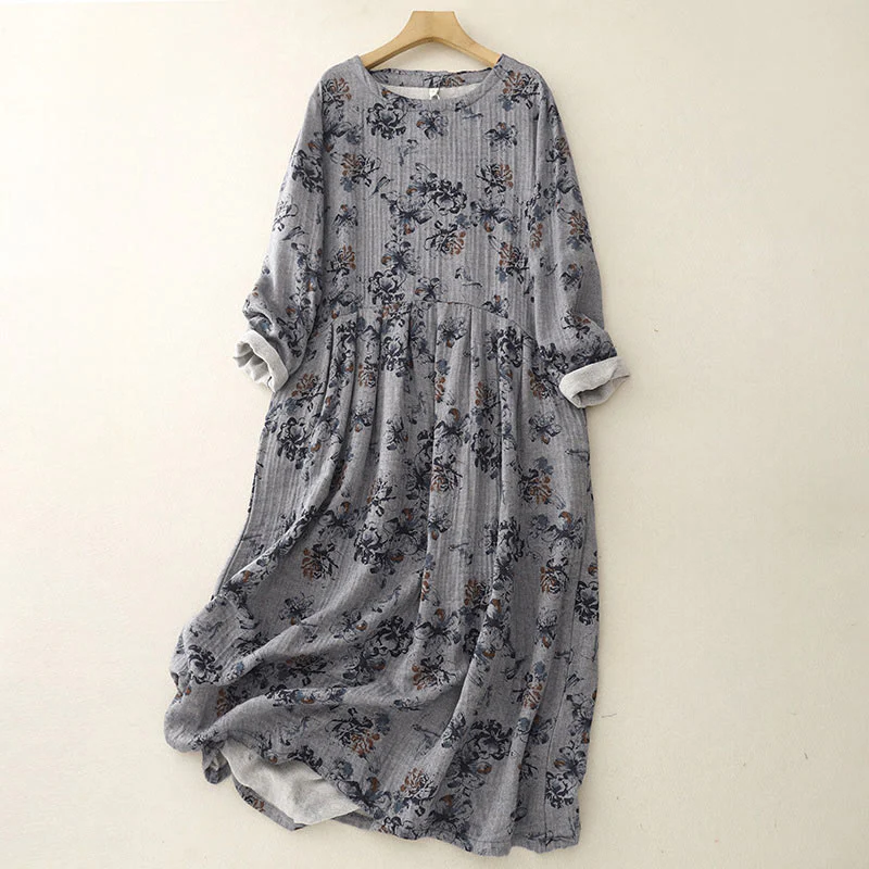 Buddha Stones Casual Small Floral Pattern Crew Neck Cotton Linen Midi Dress With Pockets