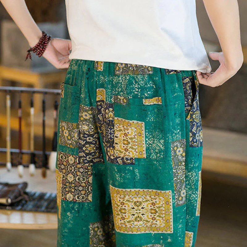 Buddha Stones Summer Square Patchwork Cotton Linen Men's Ankle-Length Harem Pants With Pockets