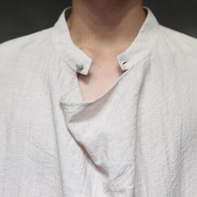 Buddha Stones Spring Solid Color Pleated Stand Collar Design Tang Suit Men's Long Sleeve Linen Shirt