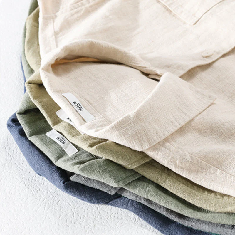 Buddha Stones Commute Men's Plain Buttons Design Cotton Linen Long Sleeve Shirt With Pockets