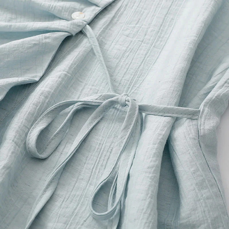 Buddha Stones Casual Plain Asymmetrical Lace-Up Design Puff Short Sleeve Women's Cotton Shirt