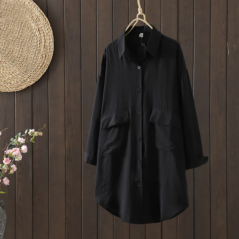 Buddha Stones Plain Buttons Women's Cotton Coat With Pockets