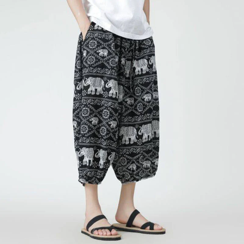 Buddha Stones Summer Square Patchwork Elephant Mandala Geometry Cotton Linen Men's 7-8 Length Pants With Pockets