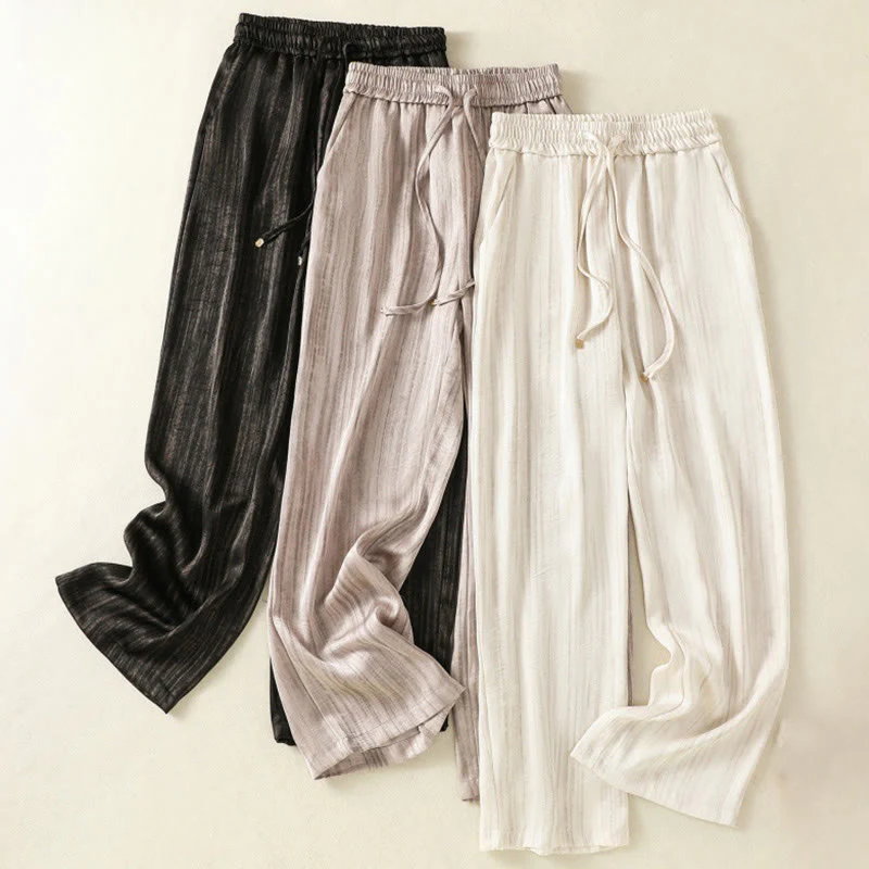 Buddha Stones Artistic Casual Vertical Lines Pattern Drawstring Ankle-length Women's Pants With Pockets