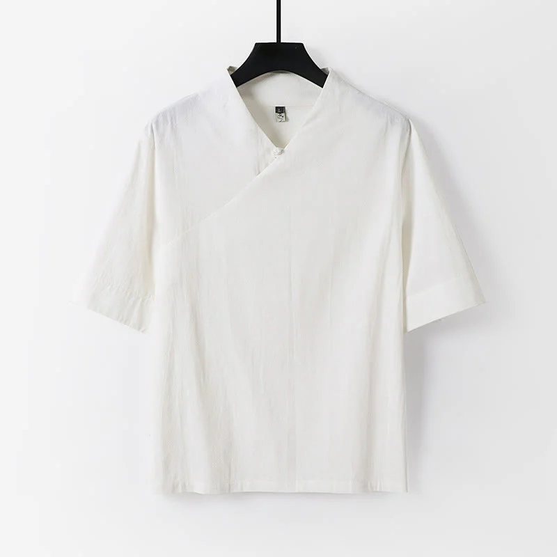 Buddha Stones 2Pcs V-Neck Cotton Half Sleeve Shirt Pants With Pockets Men's Meditation Cloth Set