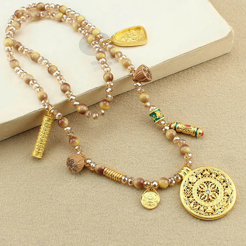 Buddha Stones Tibetan Lotus Round Plate Golden Tiger Eye Beads Necklace Pendant