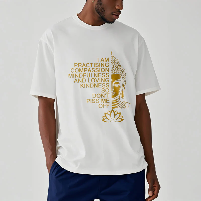 Buddha Stones Casual Golden Side Buddha Lotus Flower Pattern Cotton Tee T-Shirt