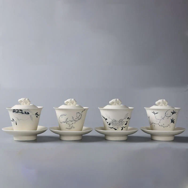 Buddha Stones Hand Painted Pomegranate Hibiscus Pine Lotus Ceramic Gaiwan Sancai Teacup Kung Fu Tea Cup And Saucer With Lid