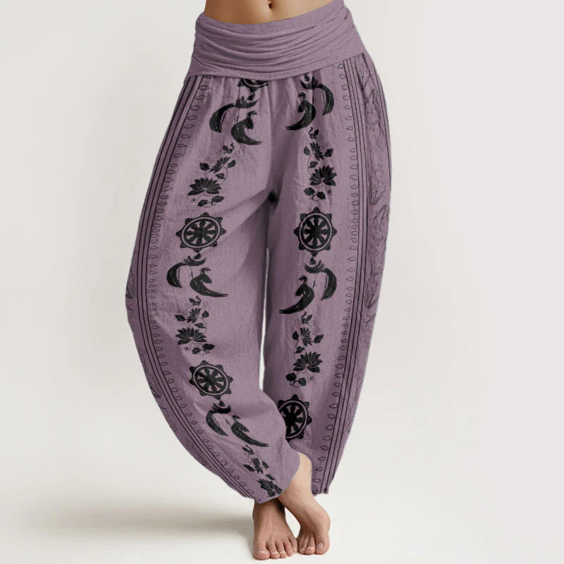 Buddha Stones Pure Cotton Dharma Wheel Lotus OM Pattern Women's Elastic Waist Harem Pants
