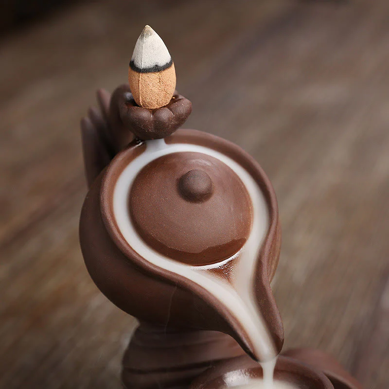 Buddha Stones Buddha Hand Holding Teapot Cup Ceramic Backflow Smoke Fountain Healing Incense Burner Decoration