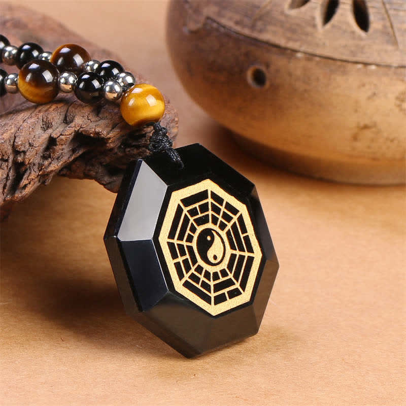 Buddha Stones Bagua Yin Yang Black Obsidian Purification Beaded Necklace Pendant