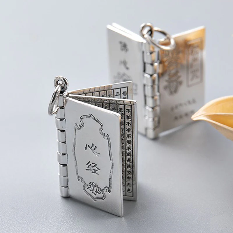 Buddha Stones 990 Sterling Silver Heart Sutra Great Compassion Shurangama Mantra Lotus Vajra Peace Necklace Pendant