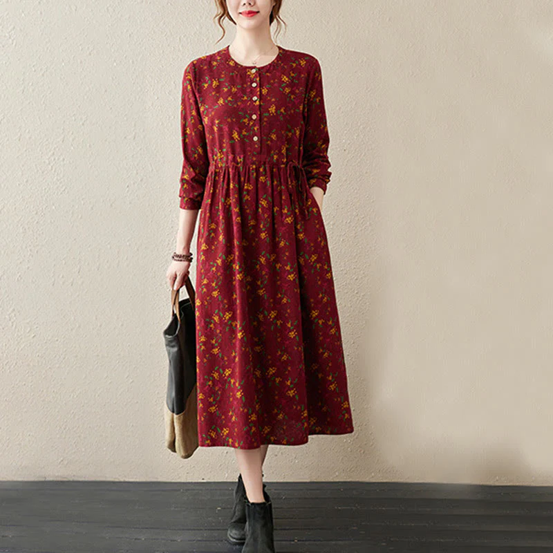 Buddha Stones Casual Ethnic Printing Floral Buttons Design Cotton Linen Midi Dress With Pockets