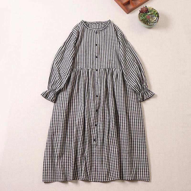 Buddha Stones Casual Plaid Simple Buttons Ruffled Design Cotton Linen Midi Dress With Pockets