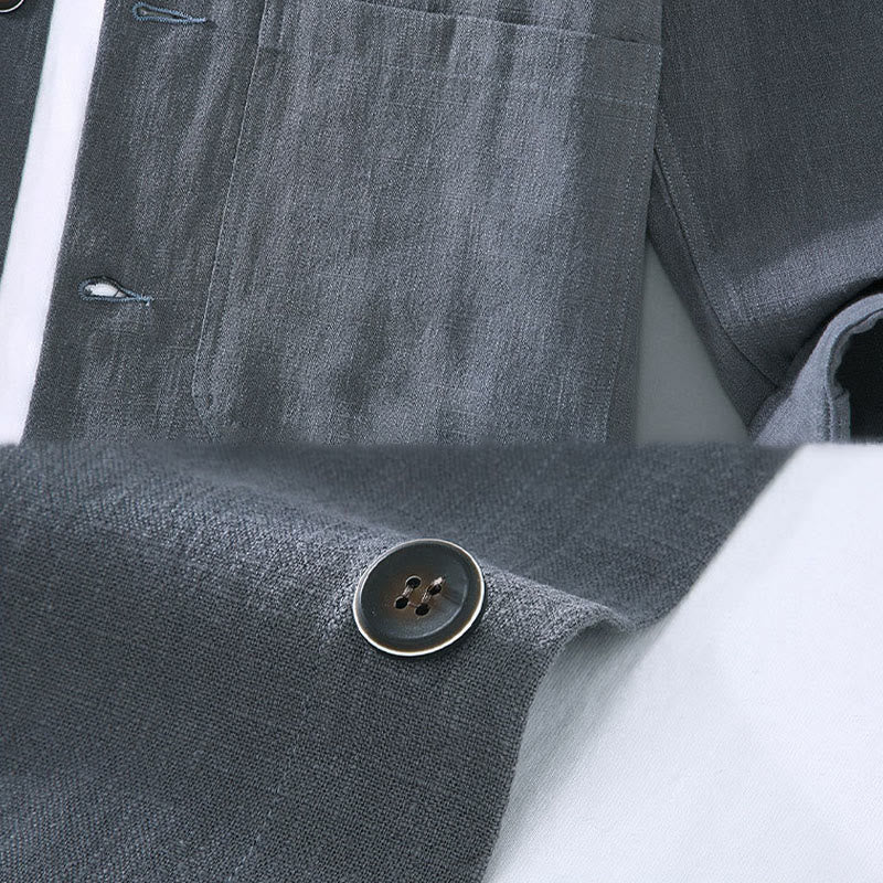 Buddha Stones Casual Plain Long Sleeve Button Lapel  Design Men's Ramie Linen Jacket With Pockets