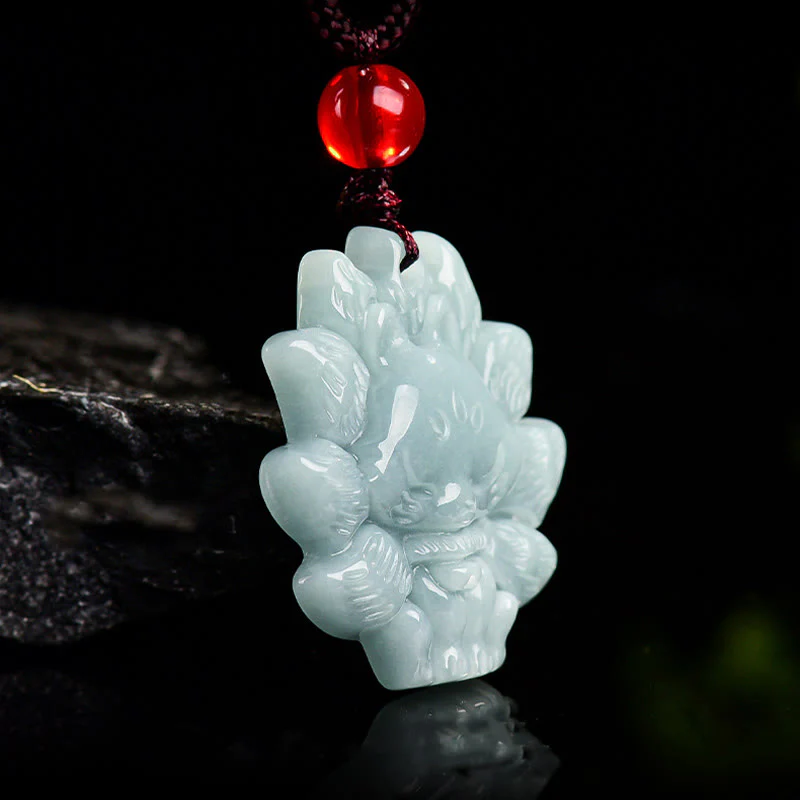 Buddha Stones Natural Green Jade Nine Tailed Fox Abundance Necklace Pendant