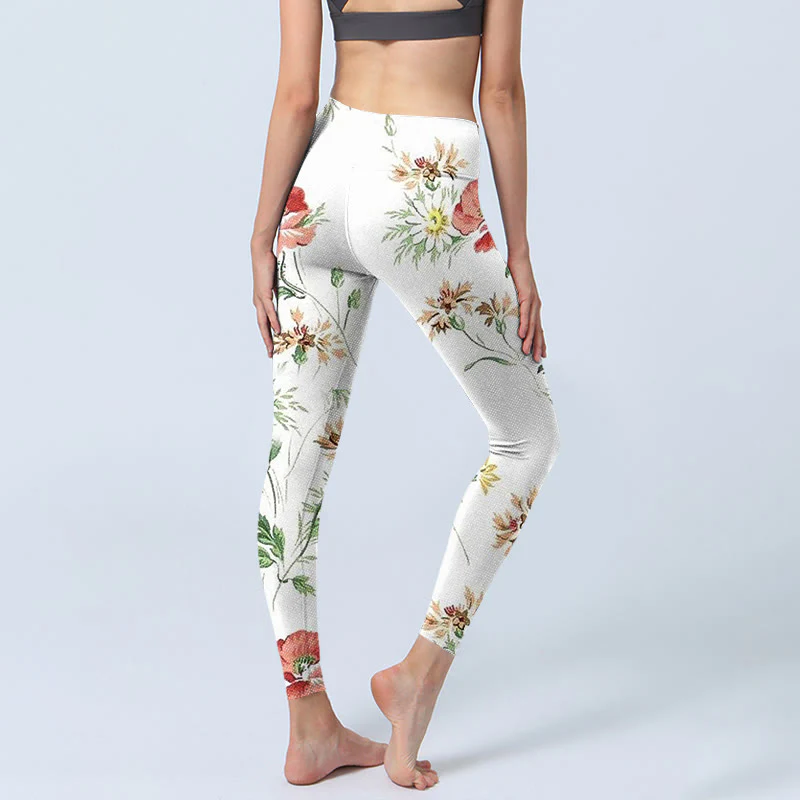 Buddha Stones White Daisy Red Flower Print Sports Leggings Women's Yoga Pants