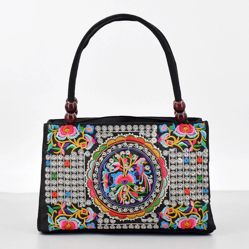 Buddha Stones Galsang Inula Flower Peony Peacock Double-Sided Embroidery Canvas Shopping Purse Handbag