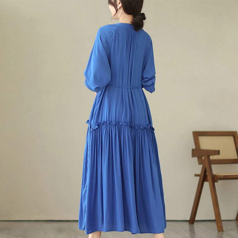 Buddha Stones Casual Plain Crew Neck Pleated Polyester Midi Dress With Pockets